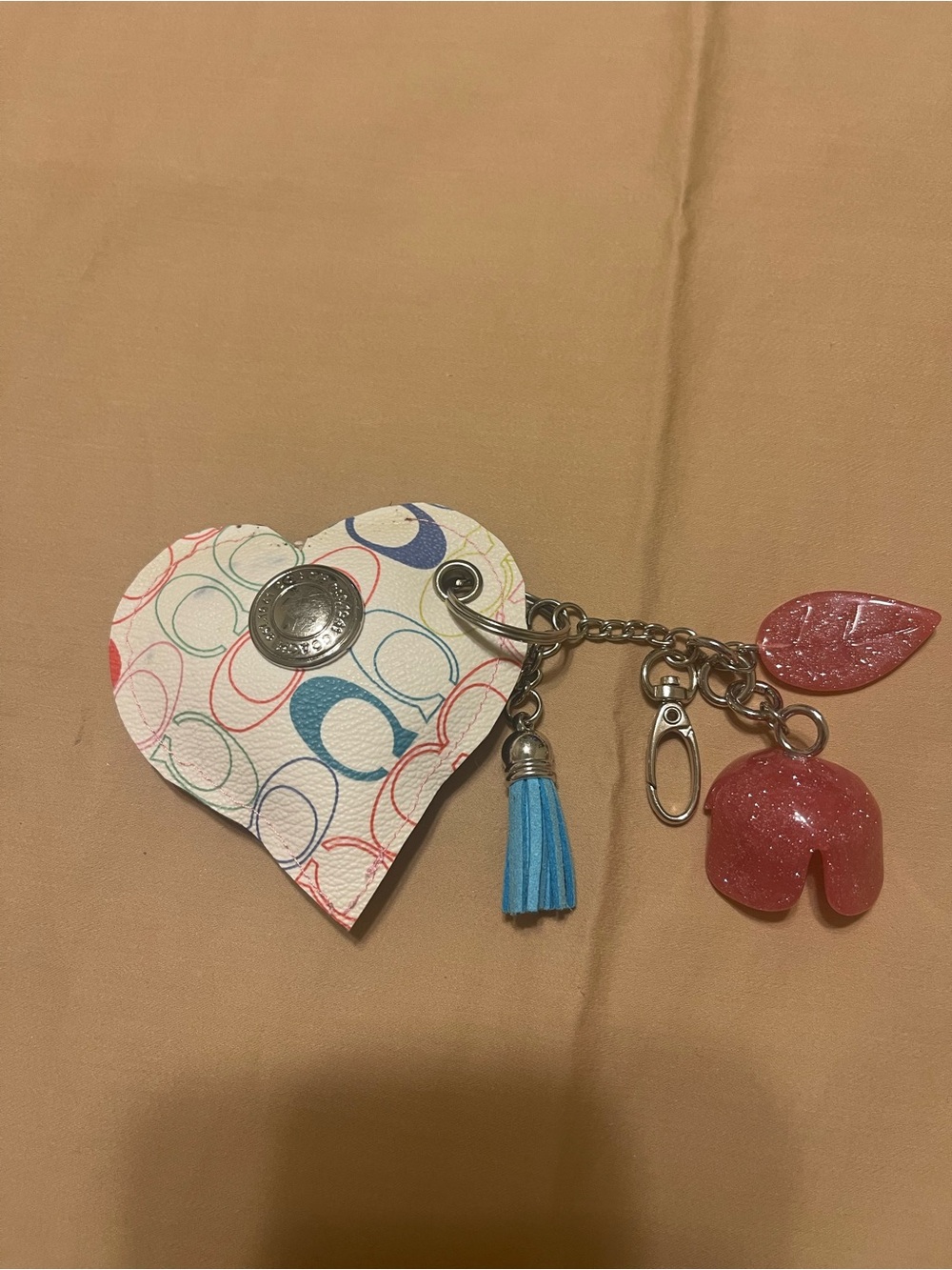 Coach Heart Keychain Charm with Blue Tassel and Pink Charms